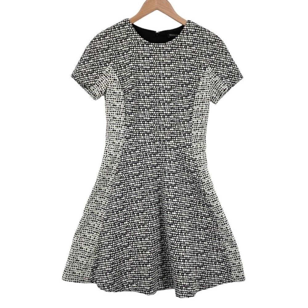 Banana Republic Size 10 A-Line Mini Dress Black White Ponte Abstract Polka Dot